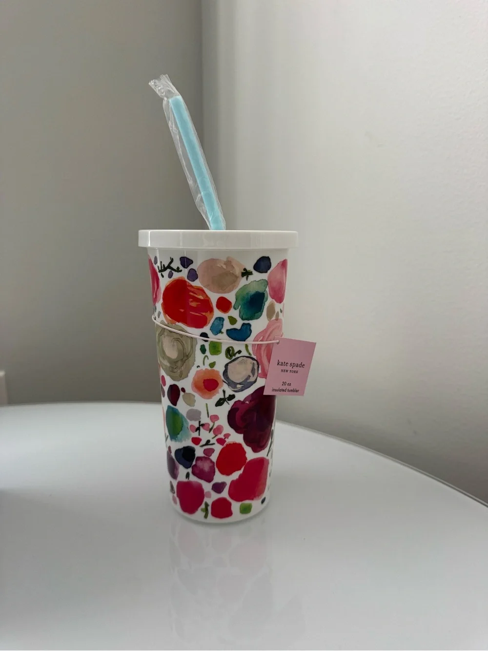 Kate Spade White & Pink Floral Insulated Tumbler Cup With Straw